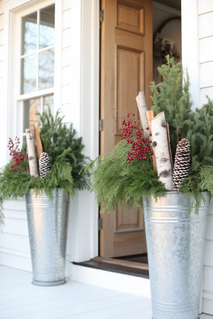 Oversized galvanized metal urns overflowing with greenery flanking a front door