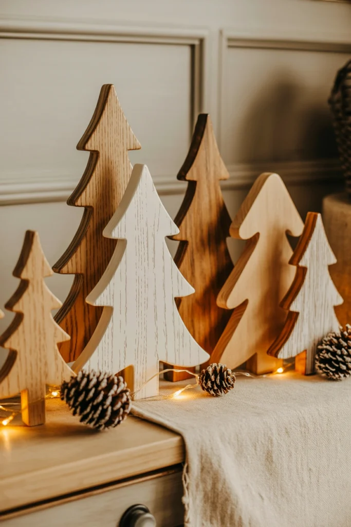 Cluster of small wooden Christmas trees of varying heights on a console table
