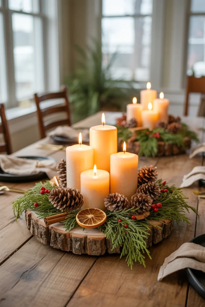 Dining table centerpiece built on wood slice chargers with candles and pinecones