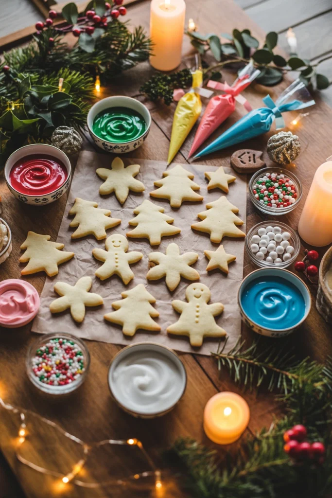 Christmas cookie decorating station with iced sugar cookies and sprinkles