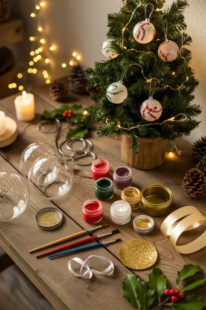 DIY ornament decorating bar set up for a Christmas pajama party