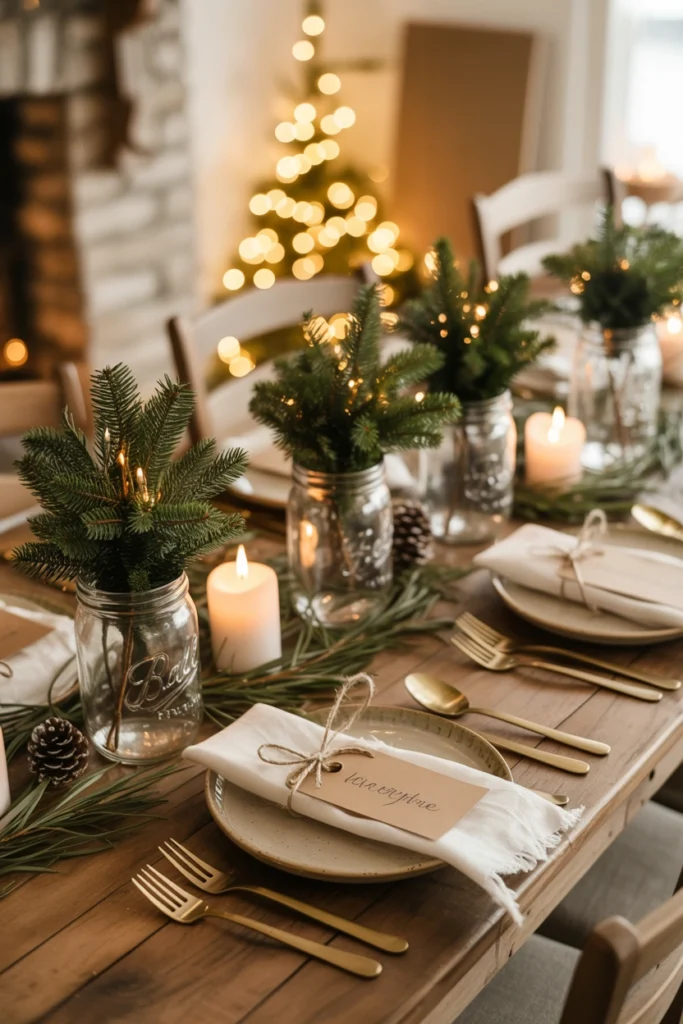 Mason jar place settings with greenery sprigs and handwritten kraft paper name tags