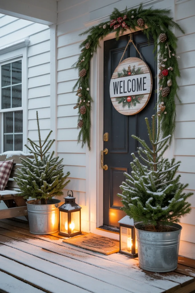 Round wood welcome sign with interchangeable Christmas insert on a front door