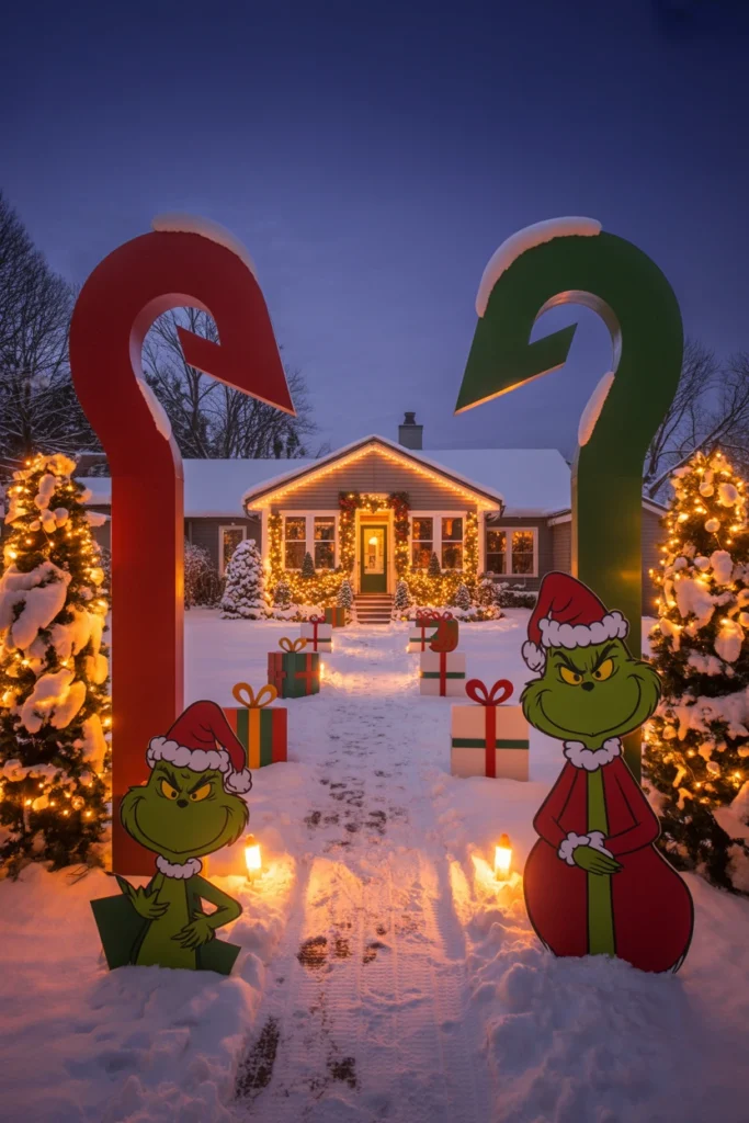 Whimsical green yard sign and photo props leading guests to a Grinch party front door