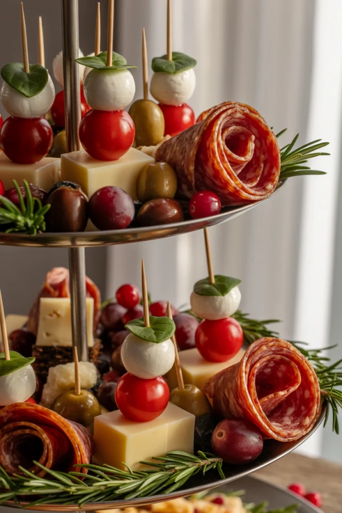 Small skewered appetizers on toothpicks arranged in neat rows on the bottom tier of a tray, with a sprig of rosemary as garnish