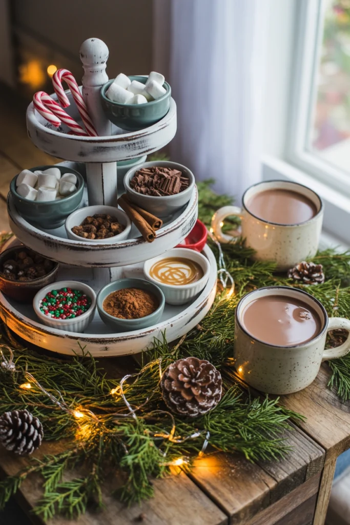 Small bowls of mini marshmallows, crushed peppermint, and cocoa powder arranged on a tray next to mugs