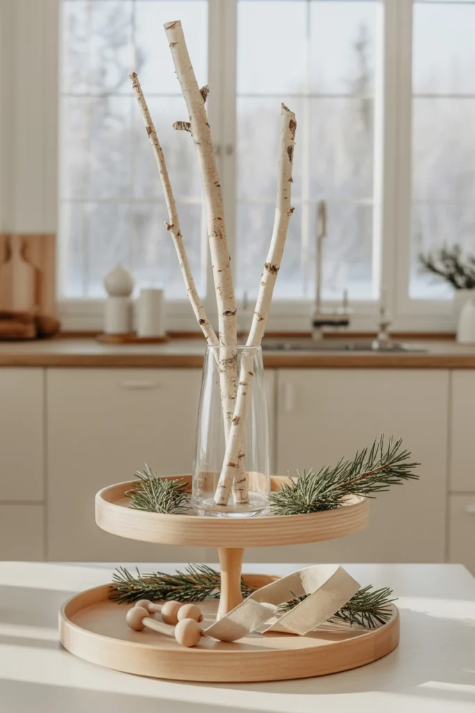 Three tall bare birch branches standing in a slim glass vessel on the top tier, casting long shadows