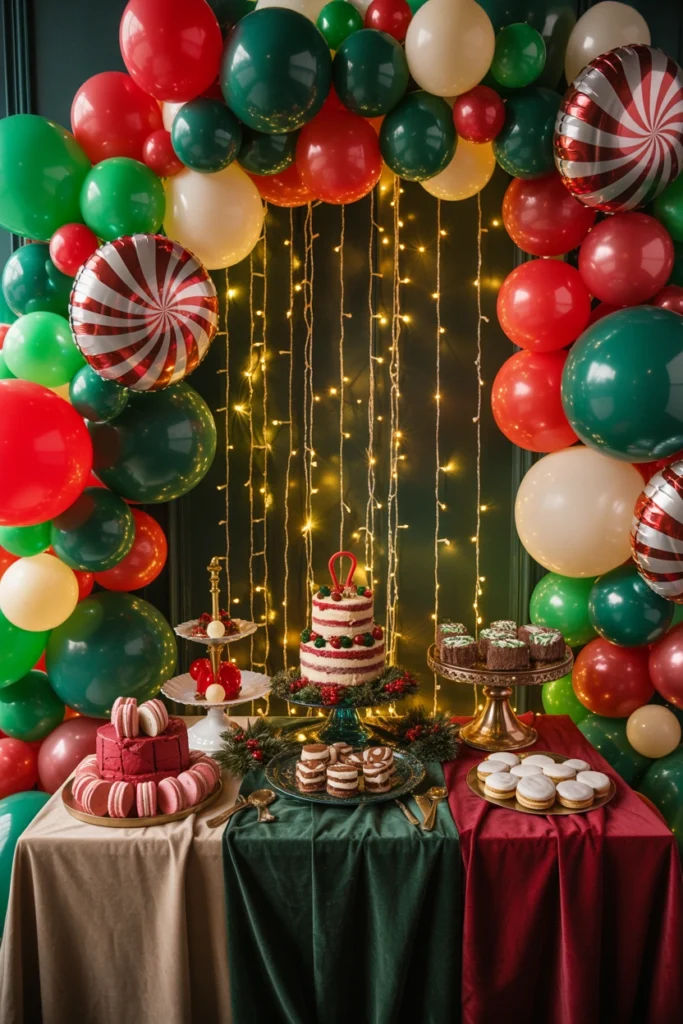 Red pink and green candy cane print balloon garland arch framing a Grinch party dessert table