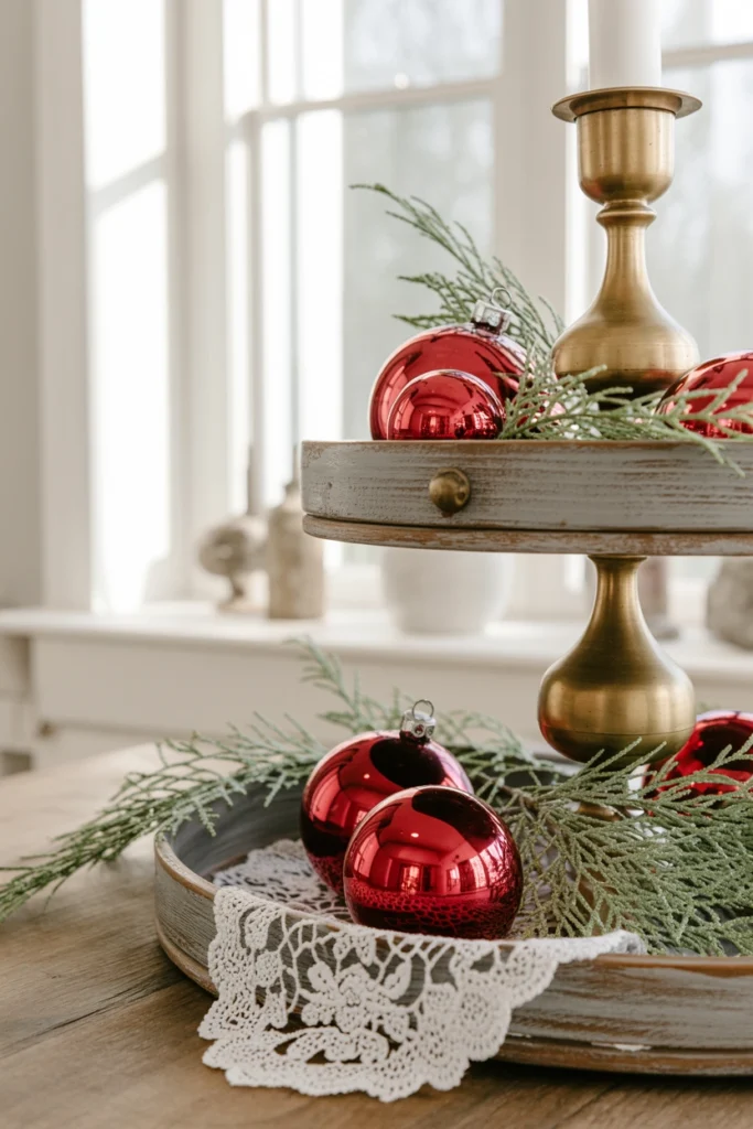 Deep red cranberry glass ornaments arranged on a delicate white paper doily on the bottom tier
