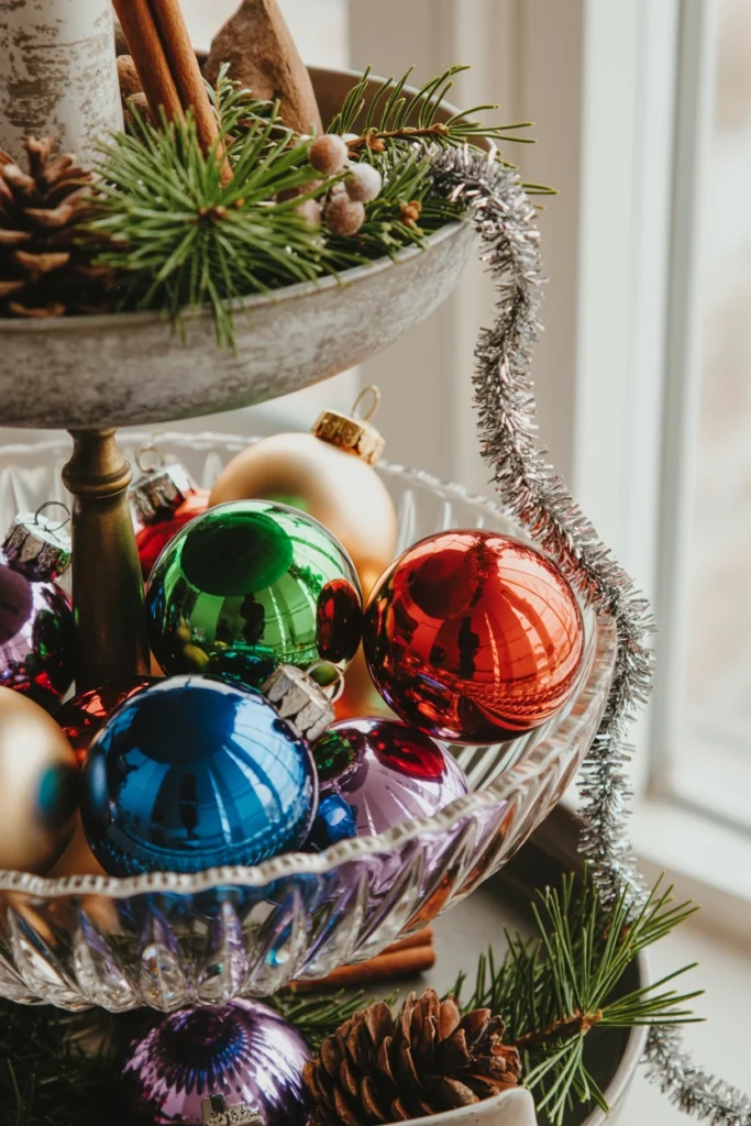 A cut-glass candy dish filled with vintage-style glass ornaments and a small drape of silver tinsel