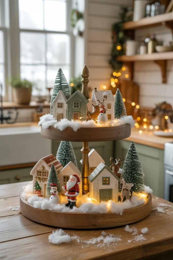 Miniature resin snowman, Santa, tree, and deer figurines arranged like a small village scene across a two-tier tray