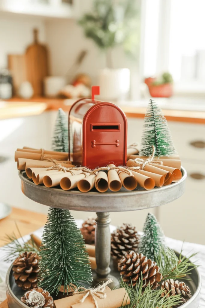 A miniature red mailbox figurine with a small stack of rolled paper 'letters' beside it on the tray