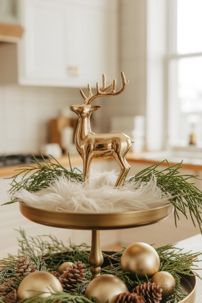 A small brass reindeer statue standing on the top tier, surrounded by white faux fur trim