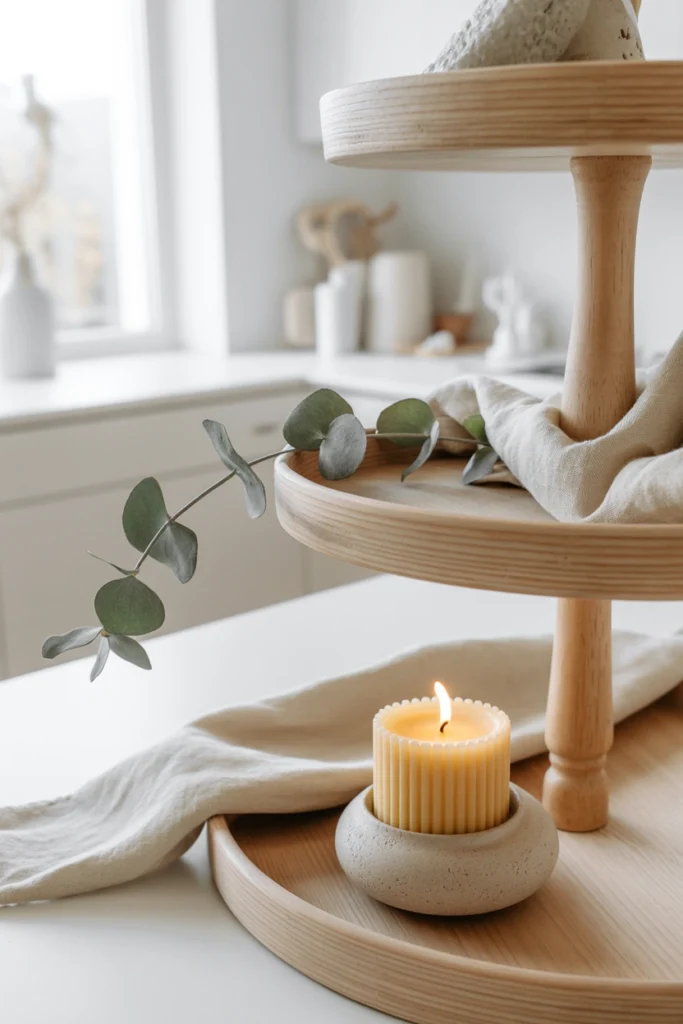 An unbleached linen runner draped across the tray with one sprig of silvery eucalyptus laid diagonally