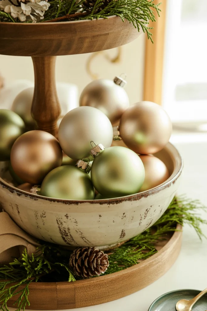 A simple thrifted ceramic bowl filled with basic dollar store ornament balls in one color family