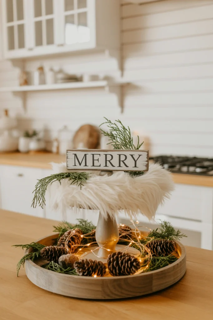 A small horizontal wood slat sign reading Merry, sitting on a circle of white faux fur on the top tier