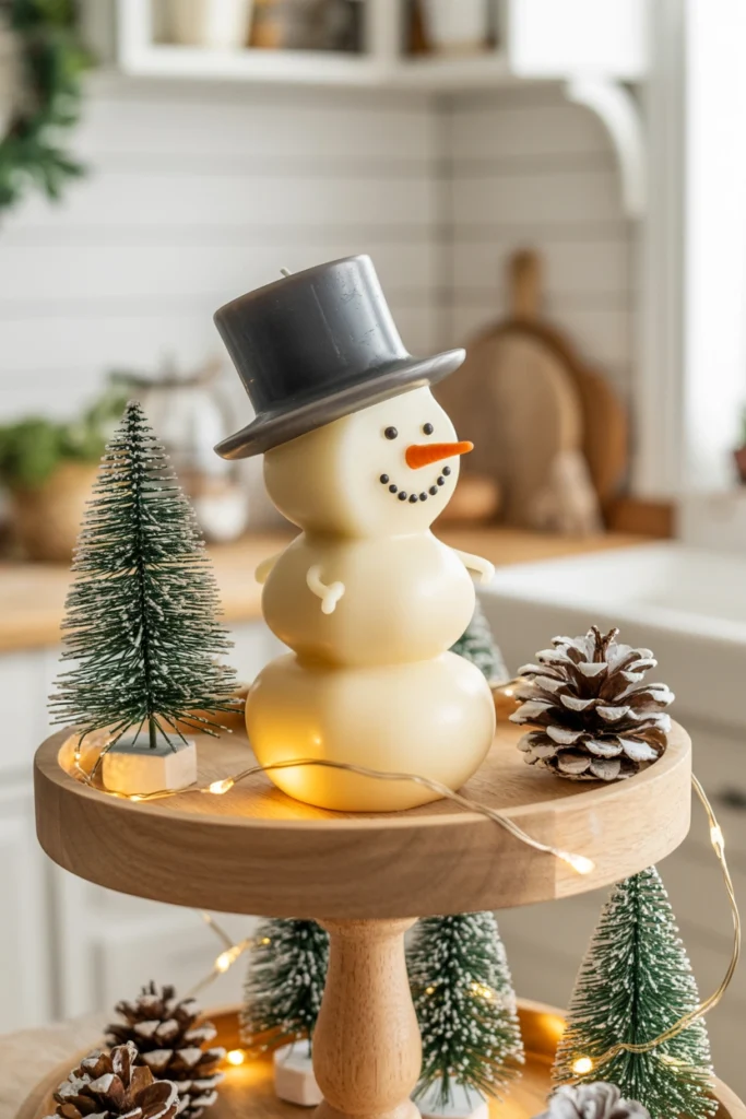 A 'melting' snowman-shaped candle with a top hat and carrot nose, dripping wax detail, on the top tier