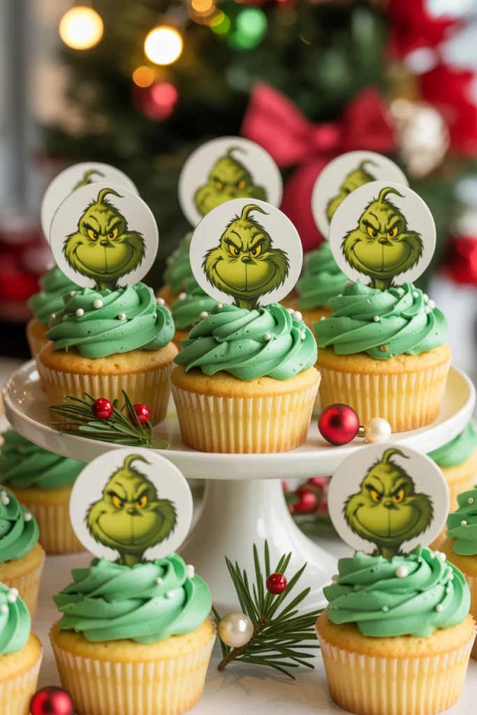 Frosted cupcakes topped with edible green monster face wafer toppers arranged on a cake stand