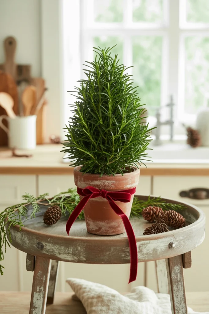 A small potted rosemary plant trimmed into a tree shape, sitting on the top tier with red ribbon around the pot