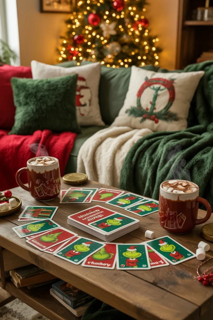 Guests playing a Grinch themed card game around a coffee table at a Christmas party