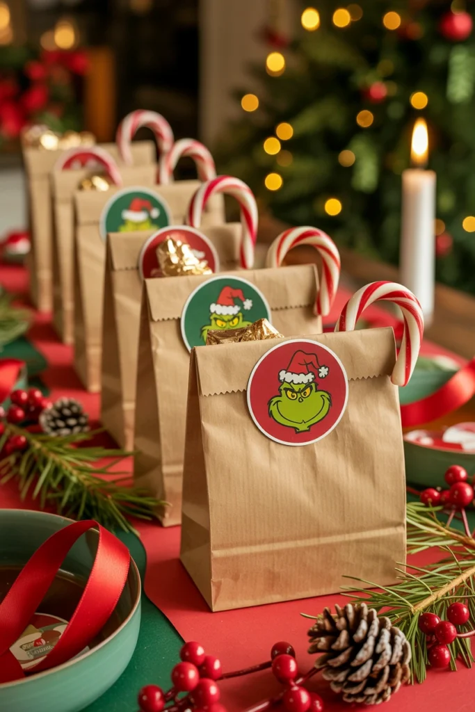 Small kraft paper favor bags decorated with colorful Grinch cartoon stickers on a party table