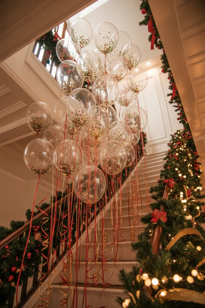 Clusters of confetti filled balloons in red and green scattered across a ceiling and staircase railing