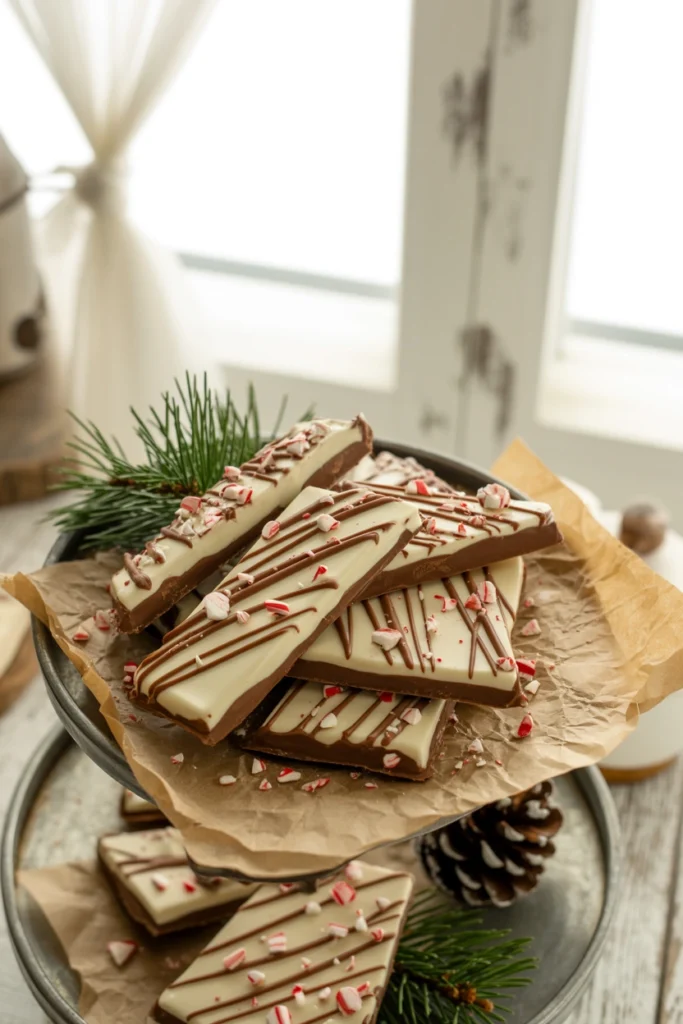 Broken pieces of peppermint chocolate bark fanned out on a small square of parchment paper on the top tier