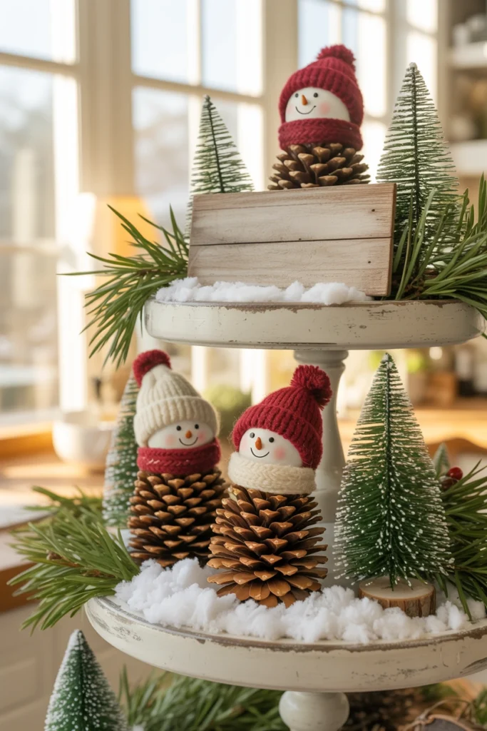 Three small pine cone snowmen of different heights standing beside a mini wood table sign on a tray