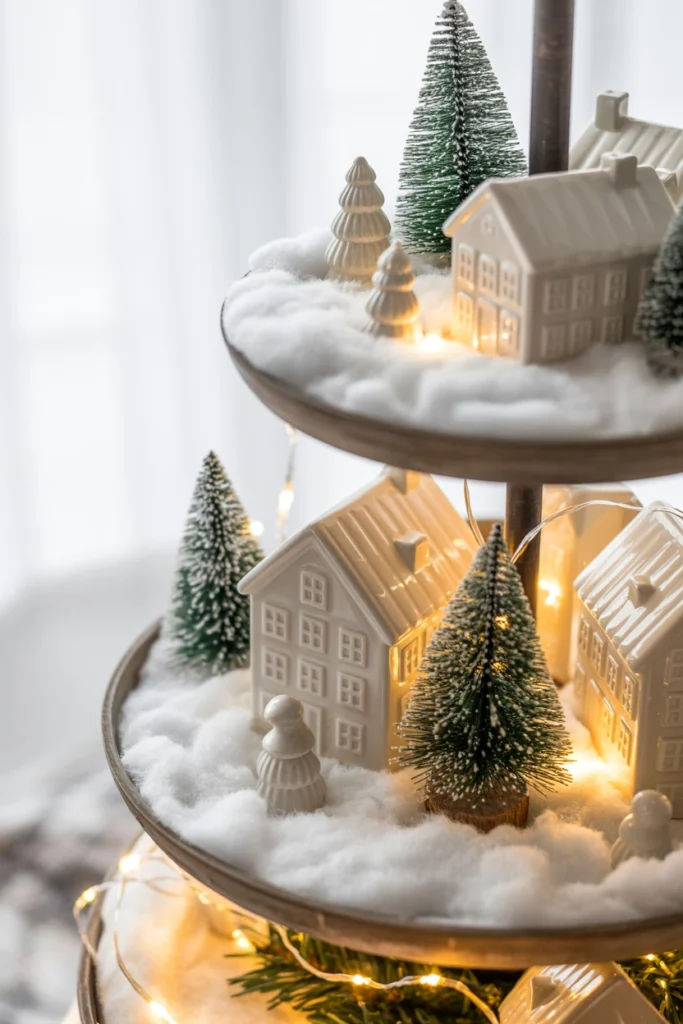Mini figurines arranged on a bed of fluffy cotton batting styled to look like fresh snow, on the top tier