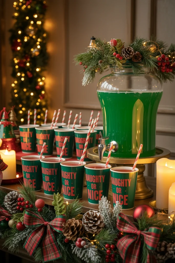Red and green Naughty or Nice plastic cups filled with green punch lined up on a drink table