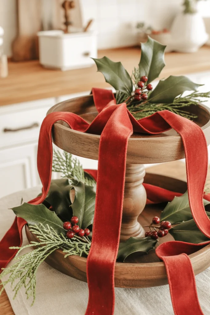 Faux holly leaves and berries woven through a crisscrossed red ribbon on the bottom tier