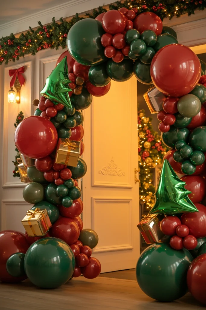 Balloon garland arch with red and green rounds mixed with Christmas tree and gift box shaped balloons