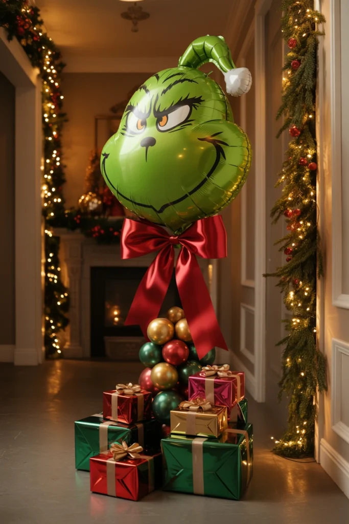 Giant green Grinch shaped foil balloon greeting guests at a Christmas party entry table