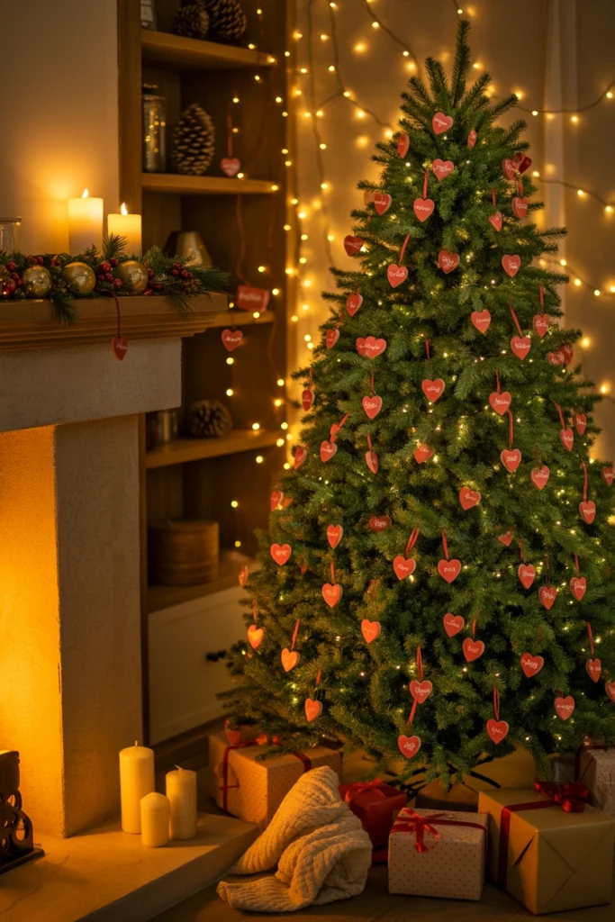 Children searching a Christmas tree decorated room for hidden heart shaped ornaments