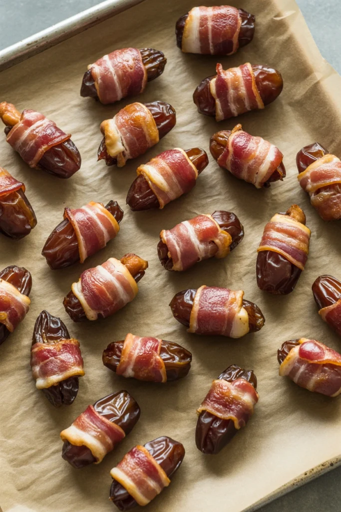 Bacon-wrapped dates drizzled with balsamic glaze on a dark platter