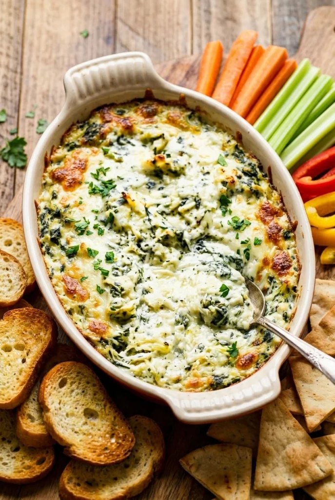 A bubbling spinach artichoke dip in a cast-iron skillet with toasted baguette slices and crackers surrounding the pan. class=