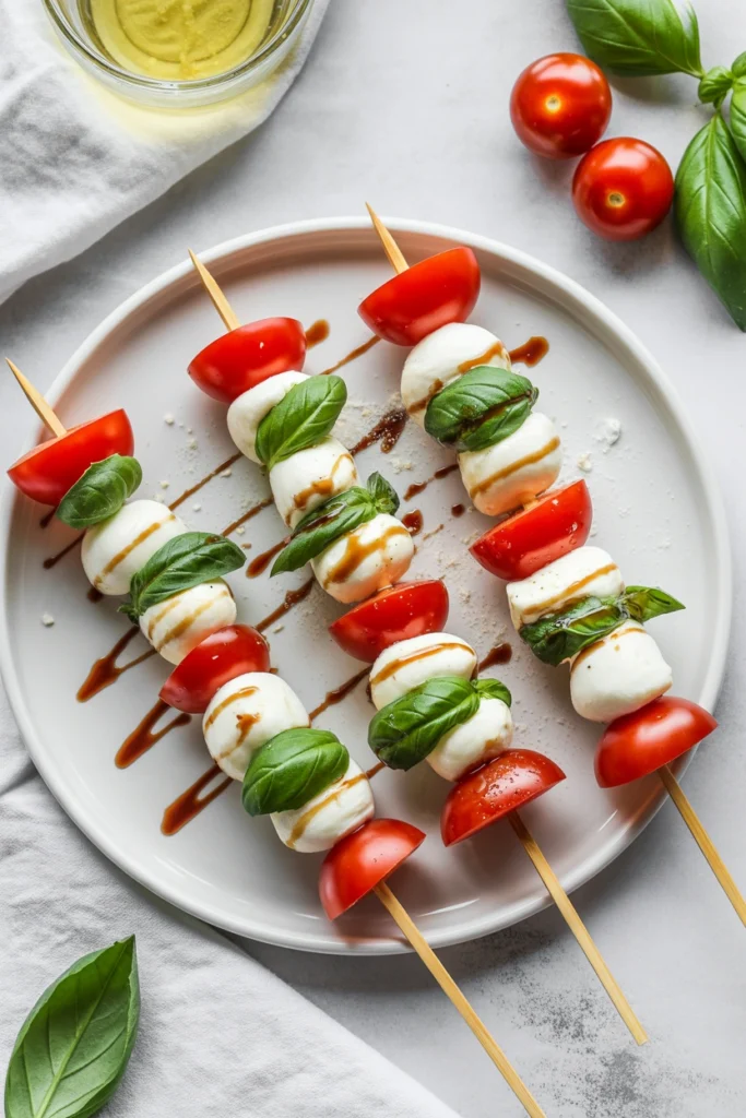 Christmas caprese skewers with cherry tomato, mozzarella, and basil drizzled with balsamic glaze