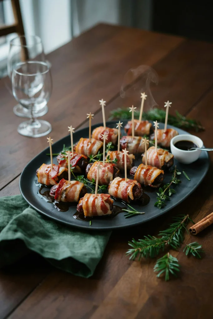 Bacon-wrapped dates drizzled with balsamic glaze on a dark platter
