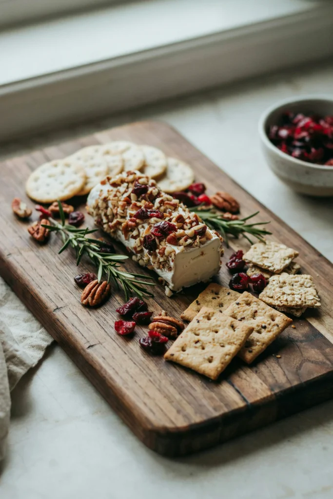 Cranberry pecan goat cheese log sliced open on a wooden board with crackers