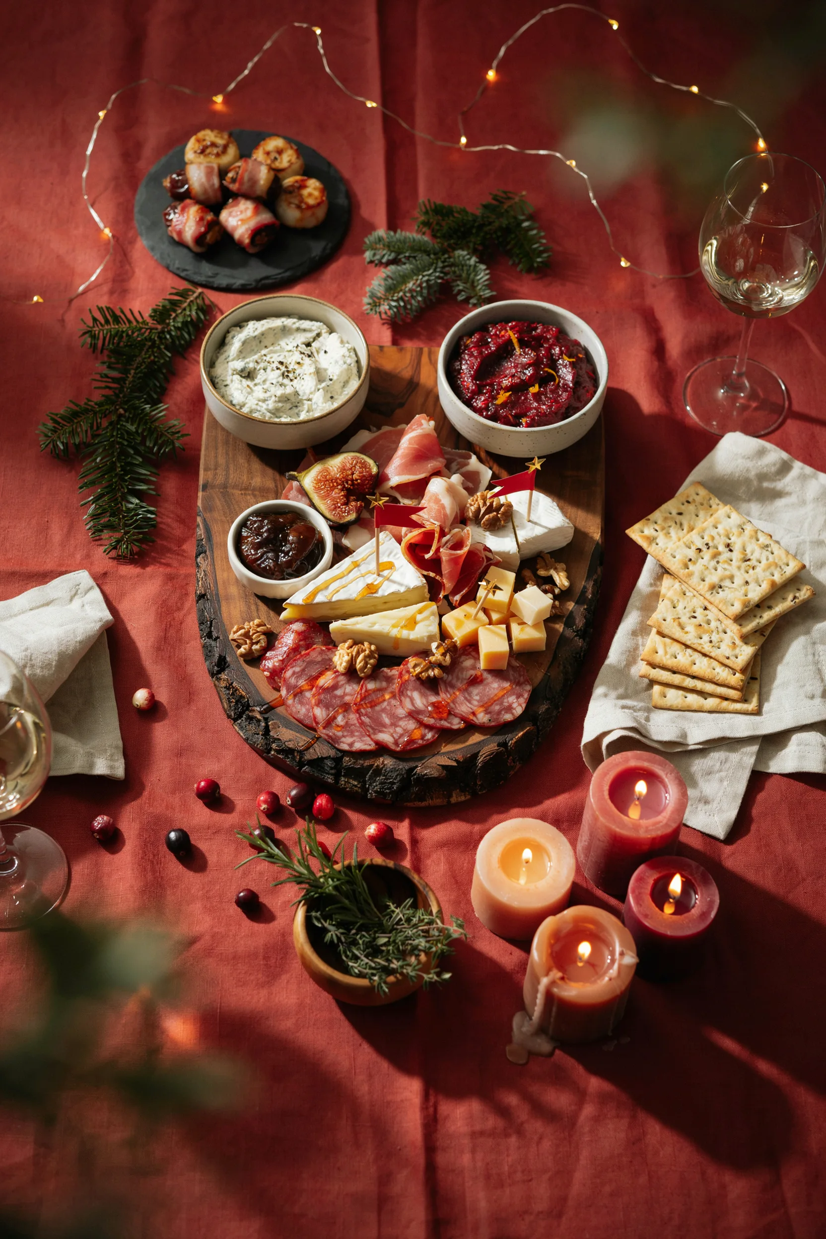 An overhead shot of a full holiday appetizer spread on a red tablecloth — a charcuterie board, a bowl of dip, and a plate of bacon-wrapped bites, with a few Christmas cocktail picks and a strand of fairy lights in frame. Warm, candlelit mood.