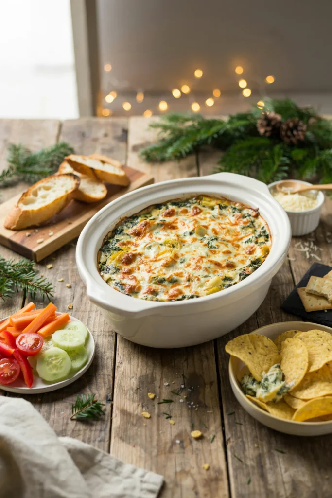 Warm spinach artichoke dip in a slow cooker with tortilla chips and toasted baguette