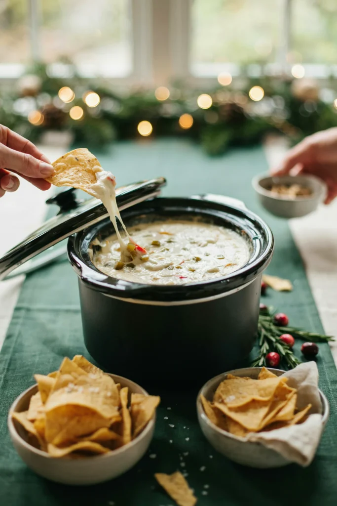 Crockpot white queso blanco with green chiles and a tortilla chip pulling up a cheesy dip