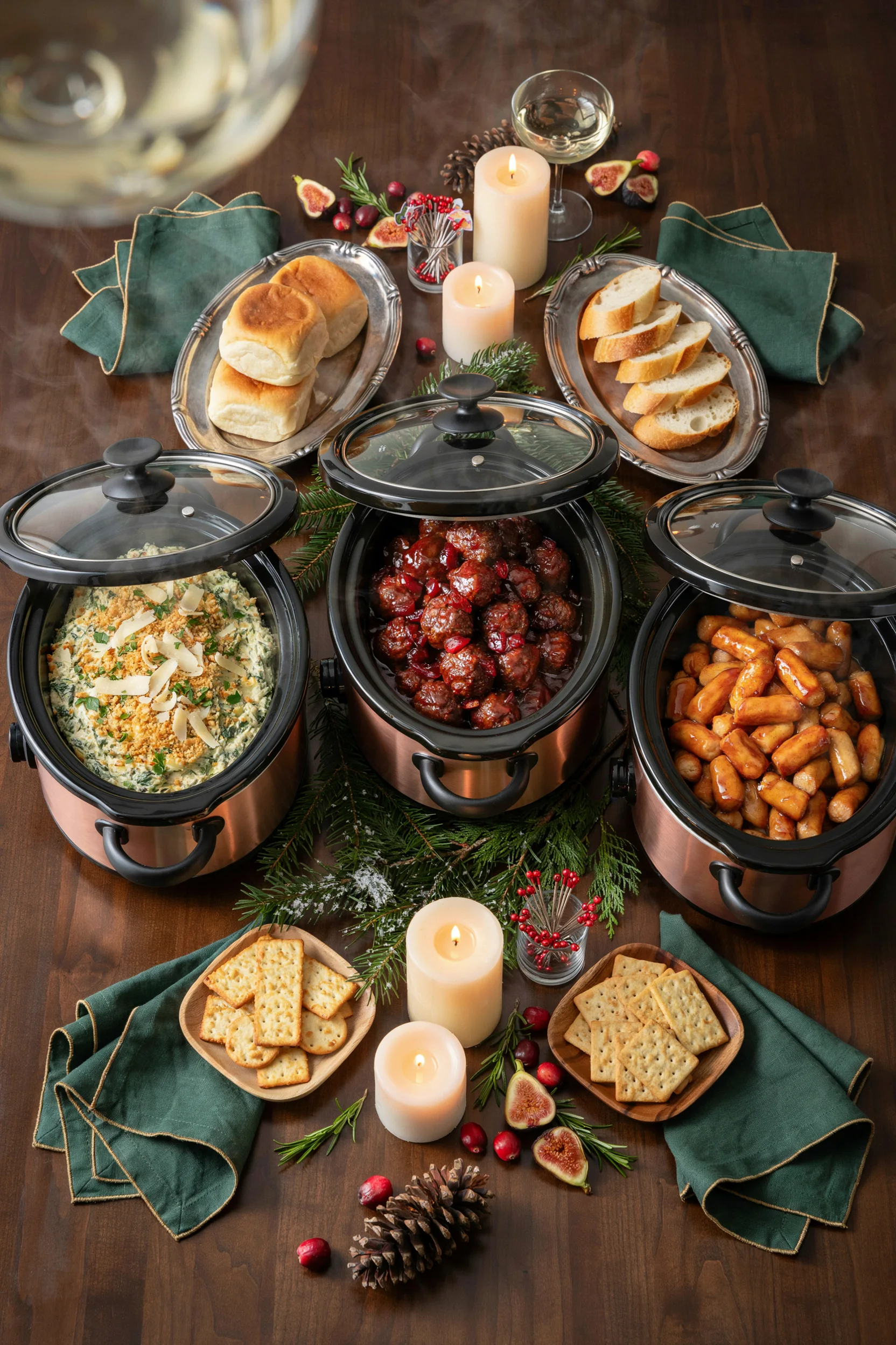 An overhead shot of a holiday buffet table with three mini crockpots lined up, each holding a different warm appetizer — cranberry meatballs, spinach artichoke dip, and glazed Little Smokies — surrounded by festive plates, cocktail picks, and greenery. Warm, cozy lighting, no text overlay needed