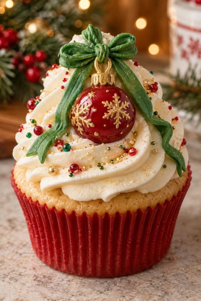 Cupcake topped with a hand-shaped edible sugar ornament resembling a glass bauble hanging from a piped ribbon