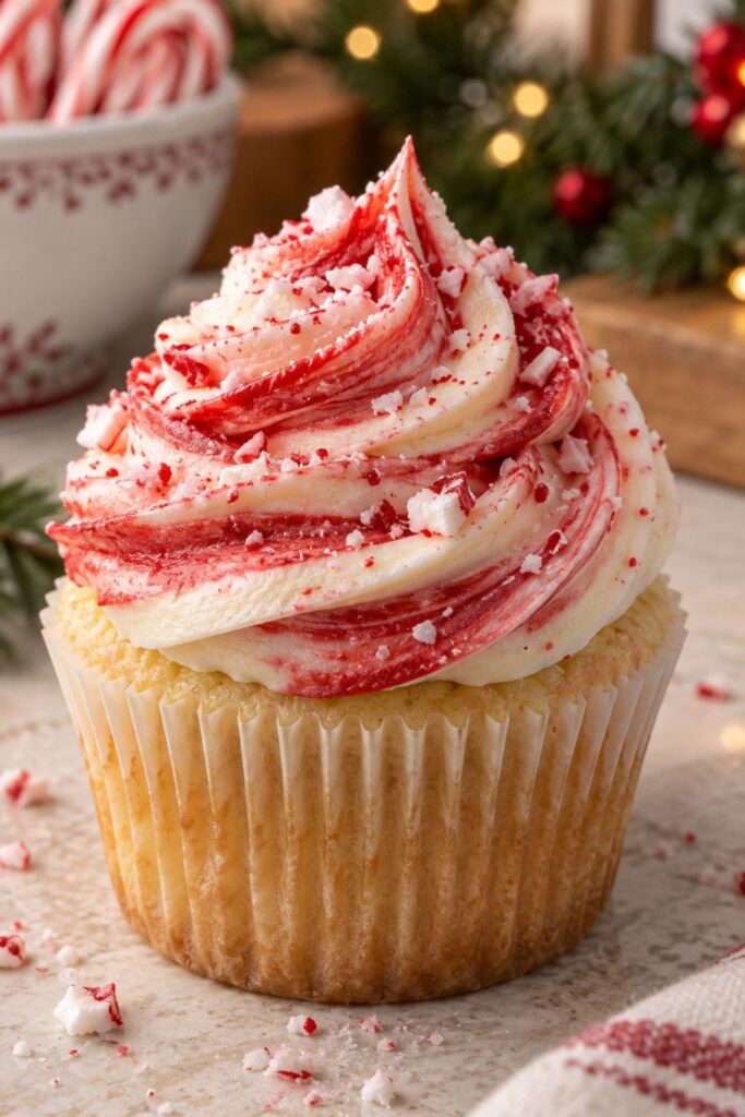 Cupcake with red and white buttercream piped together into a marbled, swirling pattern