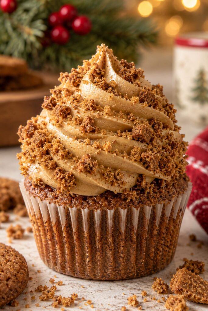 Cupcake topped with swirled molasses buttercream and a generous sprinkle of crushed gingersnap crumbs