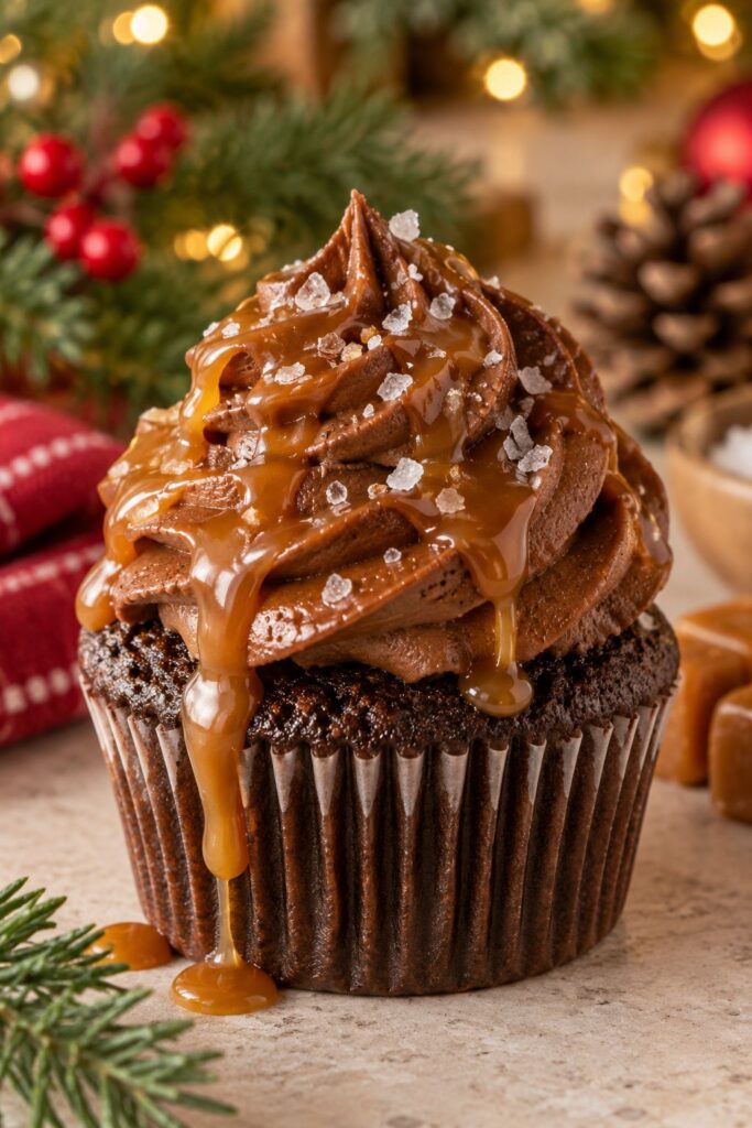 Dark chocolate cupcake with a caramel drizzle running down the sides and a pinch of flaky sea salt