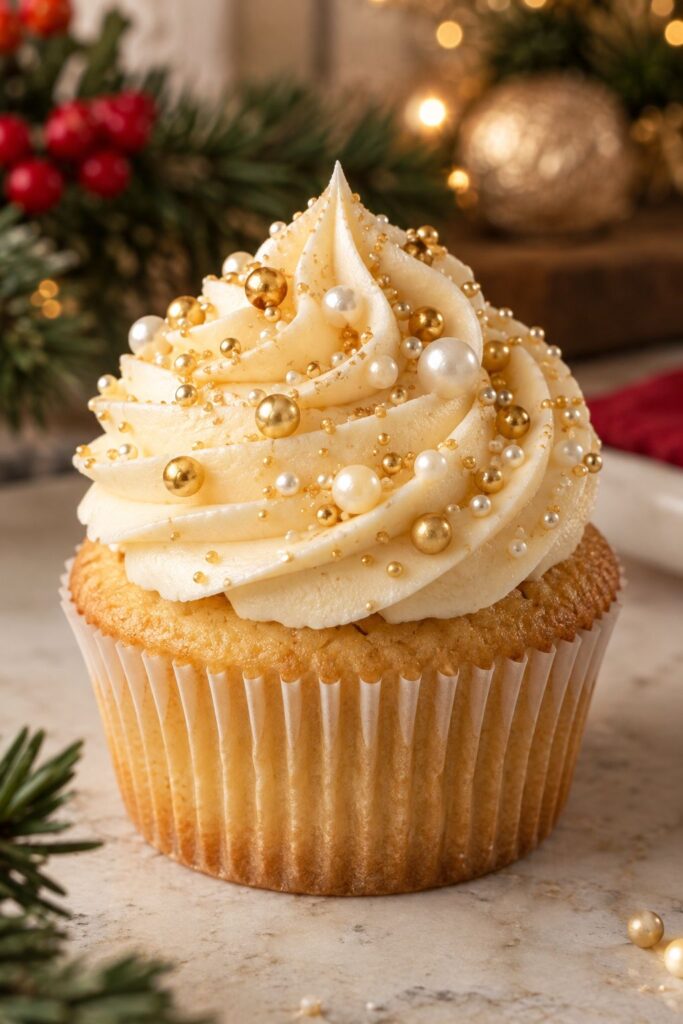 Cupcake with pale champagne-colored buttercream topped with edible sugar pearls of varying sizes