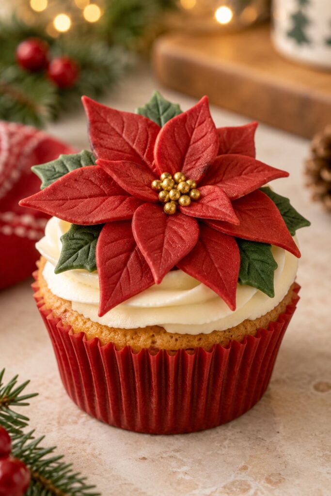 Cupcake topped with layered red fondant petals shaped into a blooming poinsettia flower