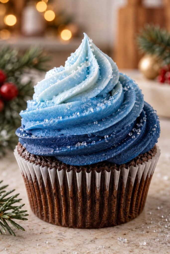 Cupcake with buttercream piped in an ombré gradient from deep navy to pale icy blue